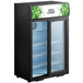 An Avantco black countertop display refrigerator with glass doors.