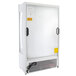 An Avantco white refrigerated air curtain merchandiser with a white door and a yellow label.
