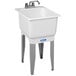A white E.L. Mustee polypropylene laundry sink with steel legs and silver faucet.