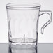 A clear plastic coffee mug with a handle.