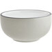 A white stoneware bowl with a grey rim.