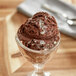 A scoop of Oringer chocolate ice cream in a glass.