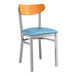 A Lancaster Table & Seating metal chair with a blue vinyl seat and cherry wood back.