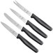 A group of Mercer Culinary paring knives with black handles and slide-on guards.