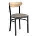 A Lancaster Table & Seating Boomerang chair with a wooden back and gray cushioned seat.