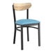 A Lancaster Table & Seating Boomerang chair with a blue vinyl seat and driftwood back.