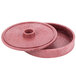 A red polyethylene tortilla server with a pink lid and a hole in it.