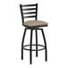 A Lancaster Table & Seating black ladder back swivel bar stool with taupe vinyl padded seat.