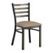 A Lancaster Table & Seating Distressed Copper finish metal restaurant chair with taupe vinyl padded seat and ladder back.