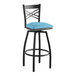 A black Lancaster Table & Seating swivel bar stool with a blue cushion.