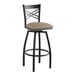 A Lancaster Table & Seating black cross back swivel bar stool with taupe vinyl padded seat.