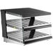 A black and silver ServIt countertop heated display case with two shelves.