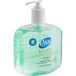 A white and green bottle of Dial Professional Basics Hypoallergenic Liquid Hand Soap.