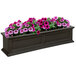 A black rectangular Mayne Fairfield window box with pink and purple flowers.