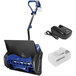 A Snow Joe 24V cordless snow shovel with battery and charger.
