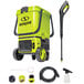 A yellow and black Sun Joe cordless pressure washer with hoses and tools.