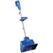 A blue Snow Joe cordless snow shovel with a handle.
