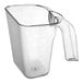 A clear plastic utility and ice scoop with a 20 oz. capacity and a handle.