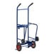 A blue Lavex steel drum hand truck with black and red wheels.