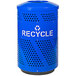 A blue steel Ex-Cell Kaiser recycling receptacle with white text that reads "Recycle" and holes in the top.