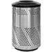 A silver stainless steel Ex-Cell Kaiser outdoor trash receptacle with a dome top and holes.
