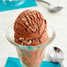 A scoop of chocolate ice cream with Cinnamon Streusel Ice Cream Topping in a glass cup.