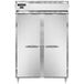 The open doors of a white Continental D2FNSS reach-in freezer with stainless steel handles.