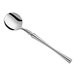 An Acopa Hepburn stainless steel demitasse spoon with a long handle.