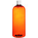 A Boston round 32 oz. amber plastic bottle with a white flip top lid.