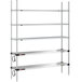A Metro stainless steel shelving unit with two heated shelves, three chrome shelves, and chrome posts.