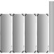 A row of rectangular stainless steel Metro shelves with metal rods on a white background.
