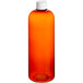 A Boston round 16 oz. amber plastic bottle with a white foam liner cap.