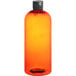 A Boston round 32 oz. amber plastic bottle with a black flip top lid.