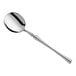 An Acopa stainless steel bouillon spoon with a long handle.