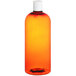 A Boston round 32 oz. amber plastic bottle with a white disc top lid.