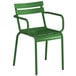 A green metal arm chair with a green seat.