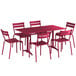 A Lancaster Table & Seating standard height outdoor table and chairs with a red powder-coated finish.
