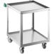 A Regency stainless steel utility cart with shelves and wheels.