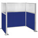 A royal blue Versare Hush Panel U-shape cubicle with a white frame and window.