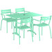A Lancaster Table & Seating seafoam powder-coated aluminum table and chairs set.