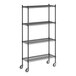 A wireframe of a Regency black wire shelving unit with casters.