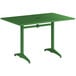 A green Lancaster Table & Seating outdoor table with a metal base.