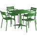 A green Lancaster Table & Seating outdoor table with chairs and an umbrella hole.