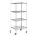 A white wireframe of a Regency chrome shelving unit with wheels.