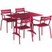 A Lancaster Table & Seating sangria powder-coated aluminum table and 4 chairs set up on an outdoor patio.