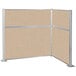 A beige L-shaped Versare cubicle partition with metal frames and two panels.