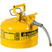 A yellow Justrite steel safety can with a metal hose and handle.