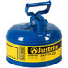 A blue Justrite safety can with a yellow label and flame arrester.
