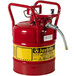 A red metal Justrite safety can with a metal hose attached.
