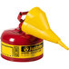 A red and yellow Justrite safety can with a yellow funnel.